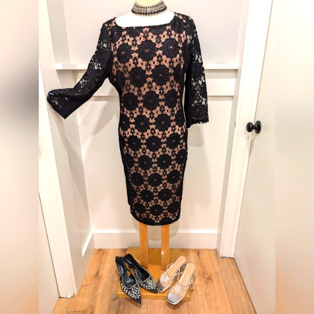 Black Sheath Dress with Bell Sleeves and Mock Neck